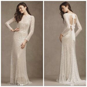 Watters Mia Long Sleeve Embellished Beaded Open Back Sheath Wedding Gown Sz‎ 10